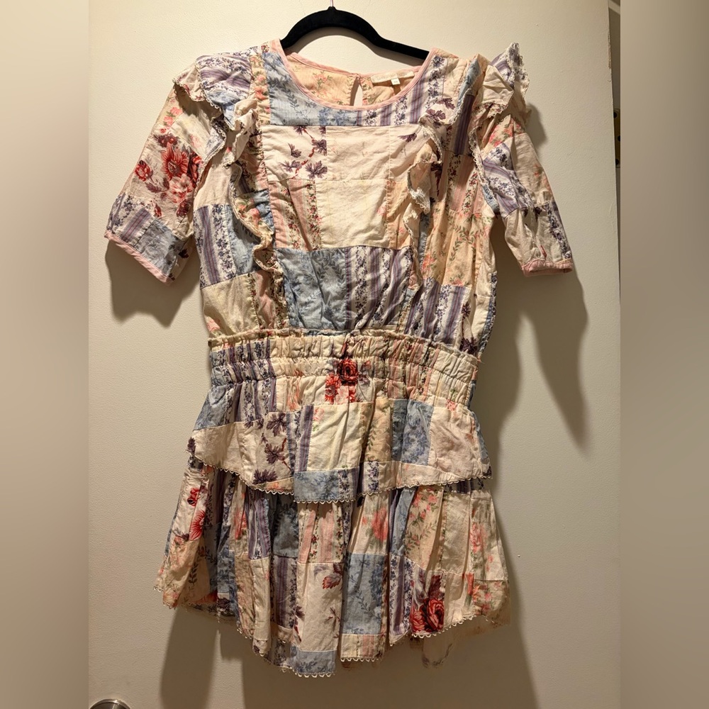 LoveShackFancy Girls Patchwork Floral Dress in Cream, Blue, Pink, Red